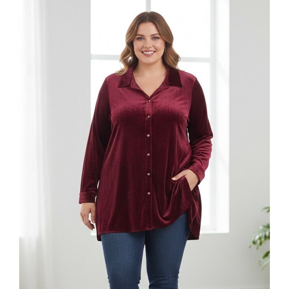John Mark Women’s Plus Size 2X Red Velvet‎ Long Sleeve Button Front Tunic Velour